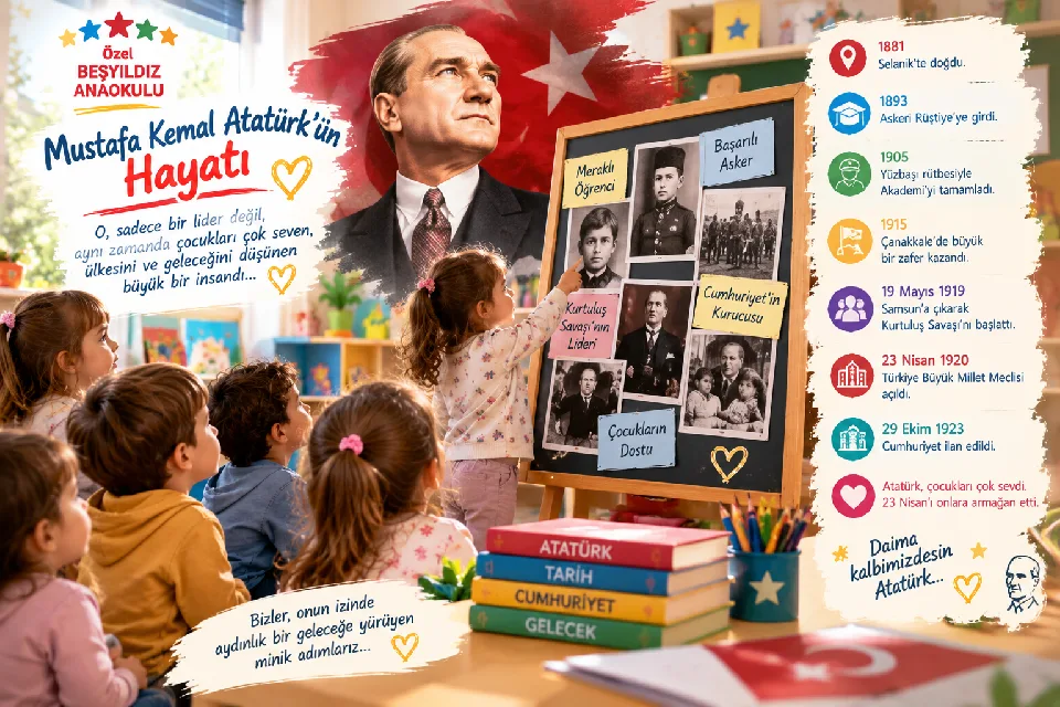 Mustafa Kemal Atatürk’ün hayatını, Cumhuriyetimizin kuruluşundaki rolünü ve çocuklara verdiği önemi Özel Beşyıldız Anaokulu yaklaşımıyla keşfedin.