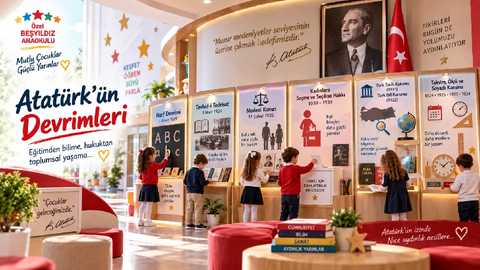 Atatürk’ün eğitim, harf, hukuk, kadın hakları, soyadı, tarih ve kültür alanındaki devrimlerini sade ve anlaşılır bir anlatımla keşfedin.