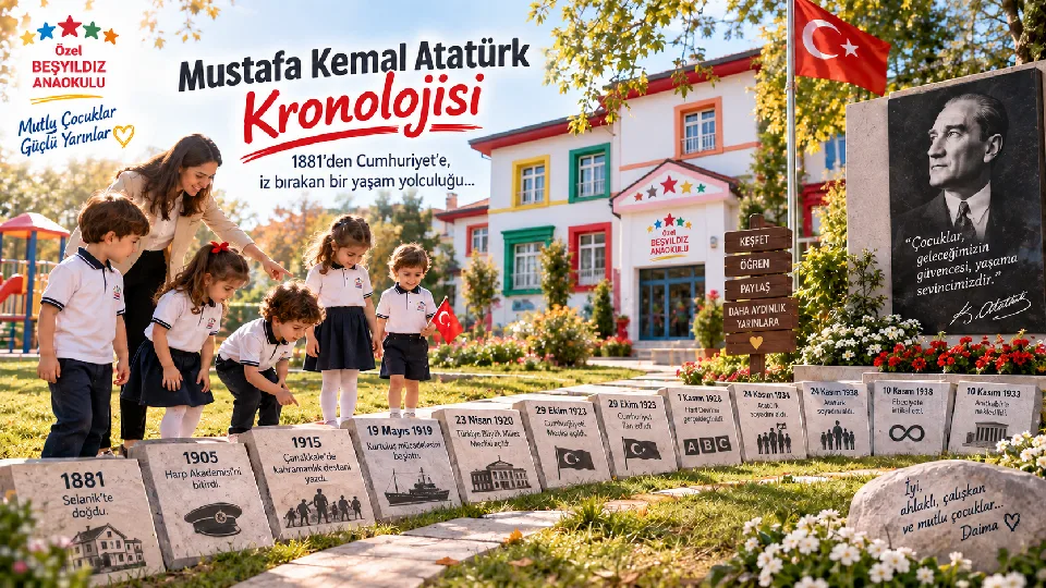 Mustafa Kemal Atatürk’ün 1881’den 1938’e uzanan yaşamındaki önemli olayları, Millî Mücadele’yi, Cumhuriyet’i ve dönüm noktalarını kronolojik olarak keşfedin.